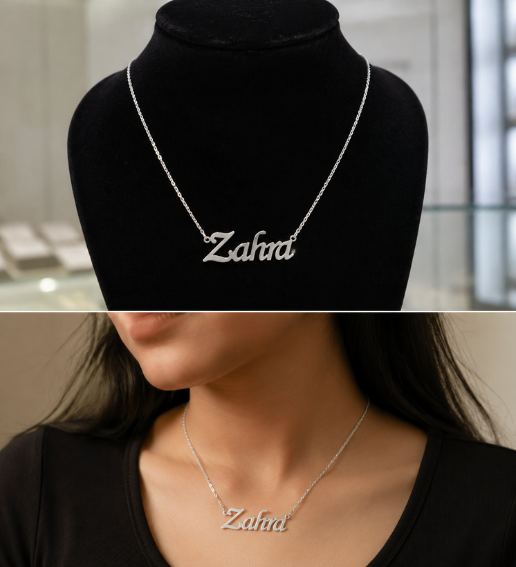 گردنبند مدل اسم زهرا Zahra نوشتار انگلیسی جنس استیل رنگ ثابت